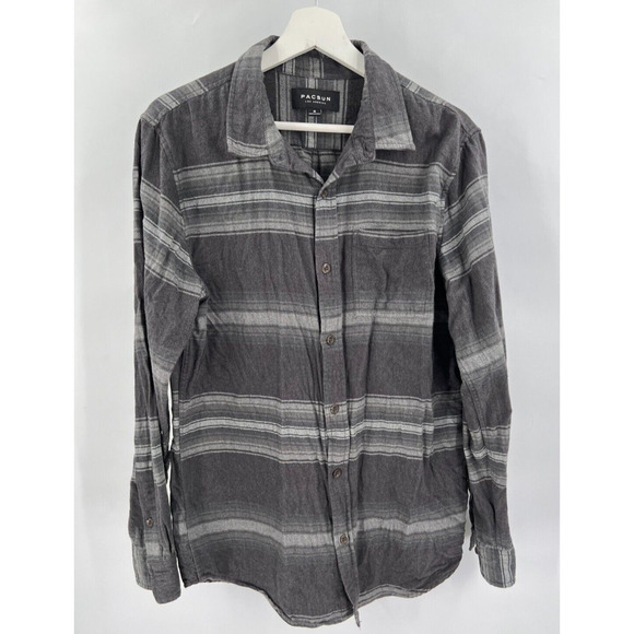 Pacsun Men's M Medium Gray Striped Plaid Flannel Shirt Button-Up Long Sleeves - Picture 1 of 4